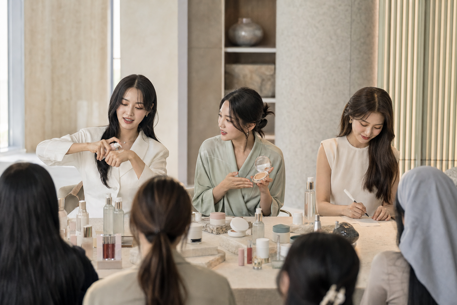 가상의 성인 K-pop 걸그룹이 한국 화장품을 함께 체험하는 팬미팅 콘셉트 이미지